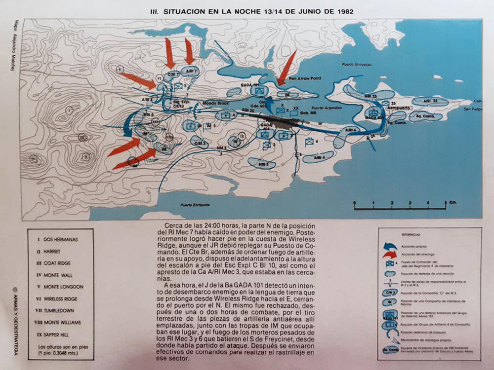 Fotografía de un plano que muestra la situación de las tropas argentinas entre los días 13 y 14 de junio 1982