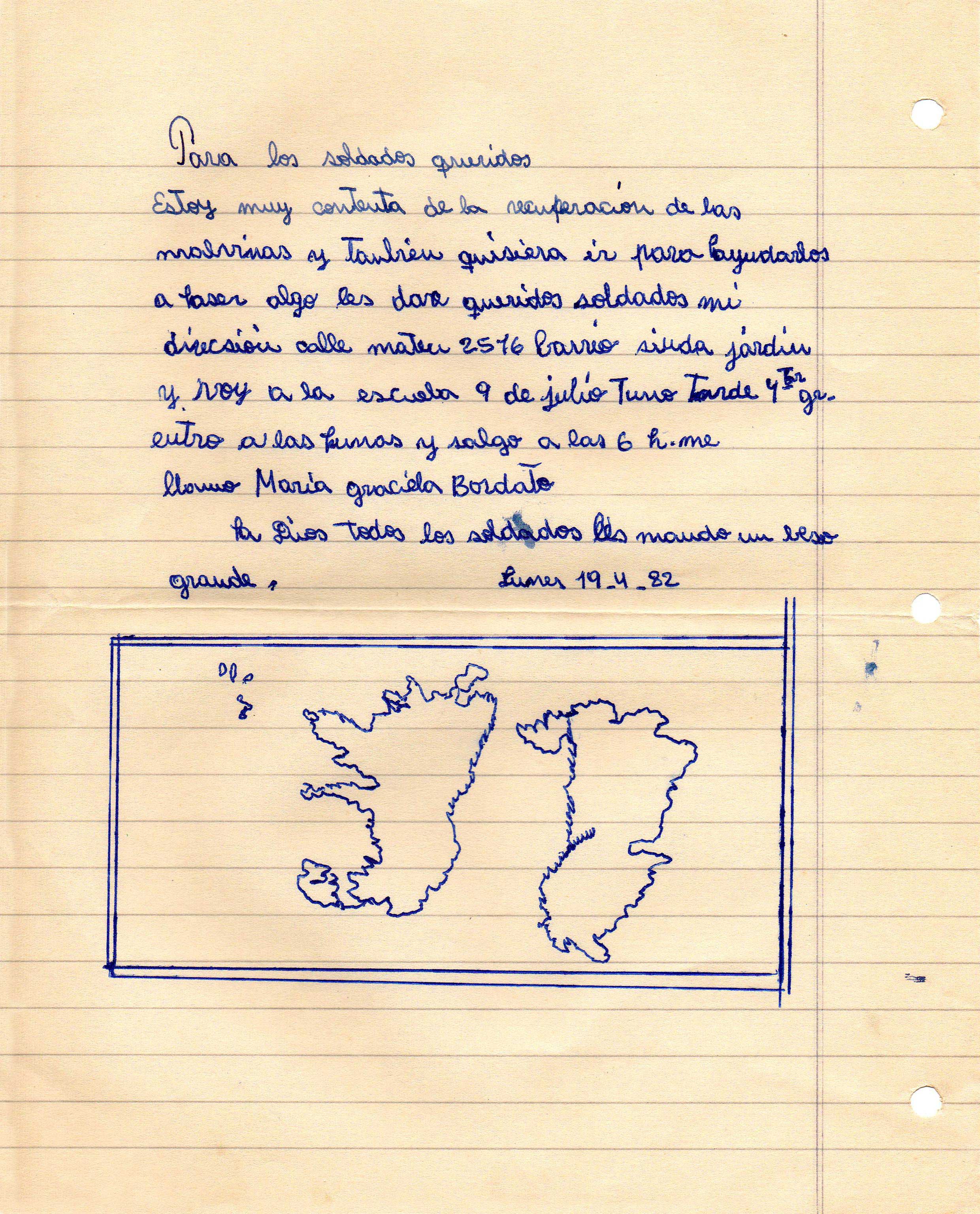 Carta dirigida a los soldados en combate con un dibujo de las Islas Malvinas. La carta fue realizada por un alumno de la escuela 9 de Julio en Abril de 1982.