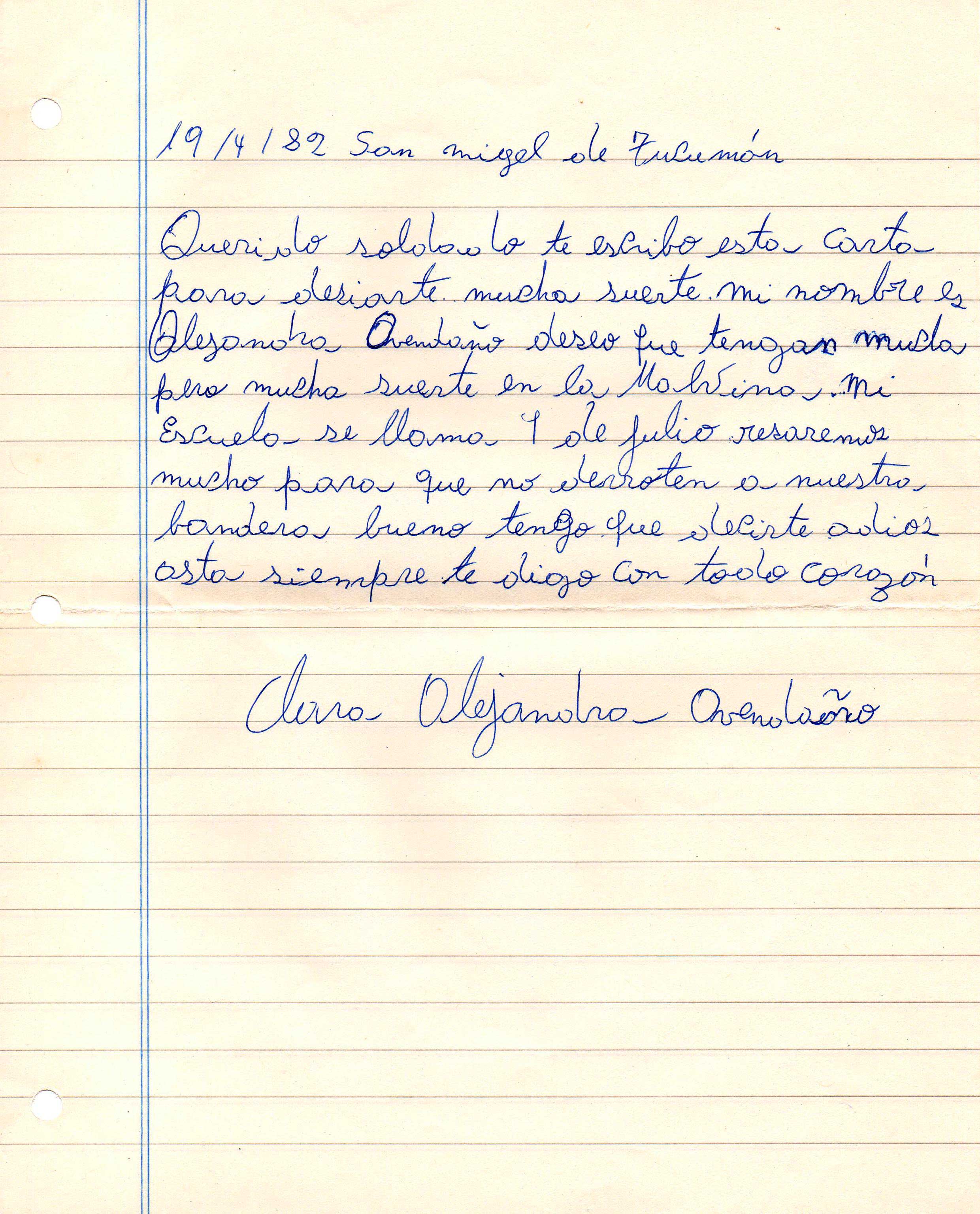 Carta dirigida a los soldados en combate. La carta fue escrita por los alumnos de la escuela 9 de Julio, fechada el 19 de abril de 1982.
