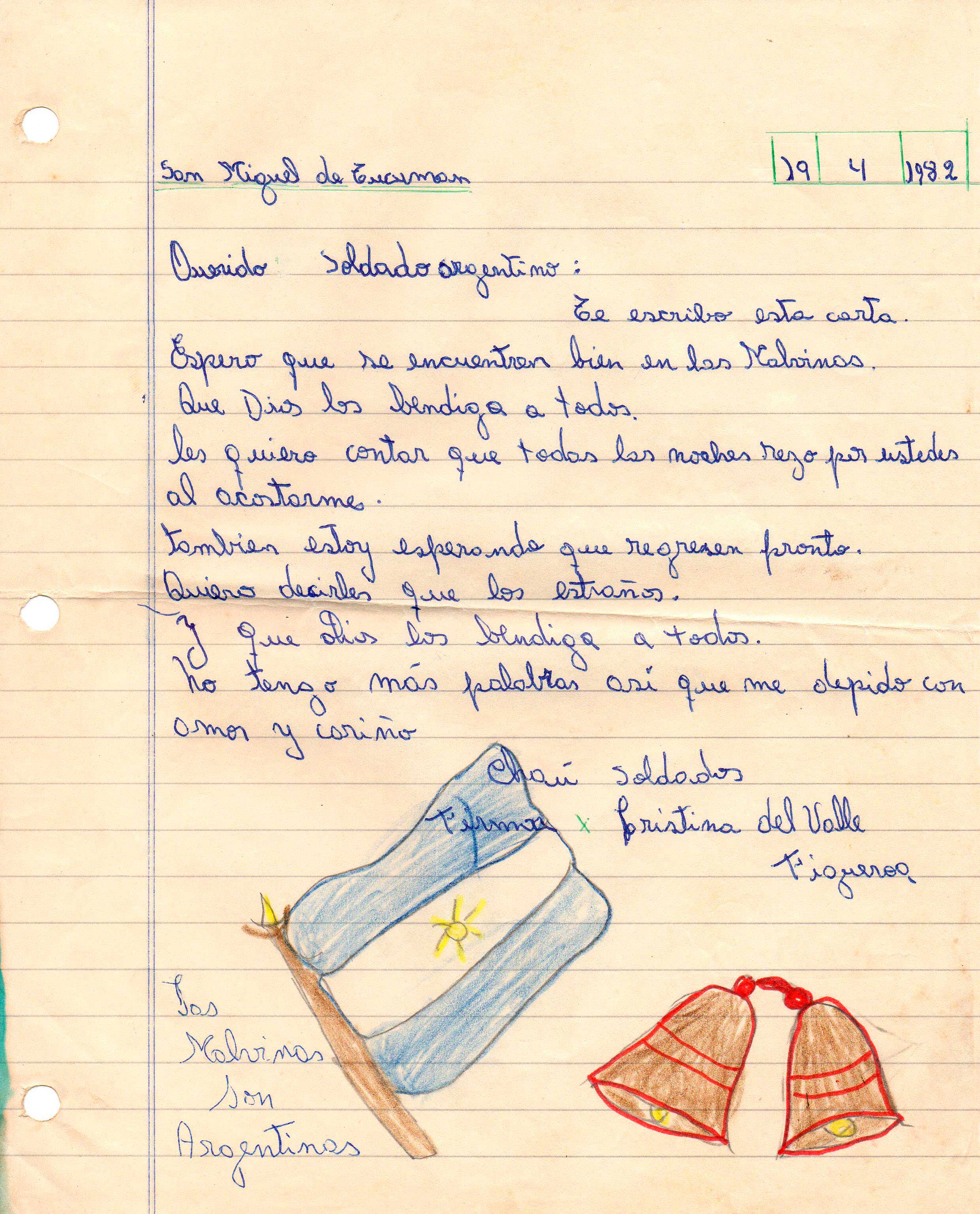 Carta dirigida a los soldados en combate con un dibujo de la bandera argentina y unas campanas, realizada por alumnos de la escuela 9 de Julio en abril de 1982.