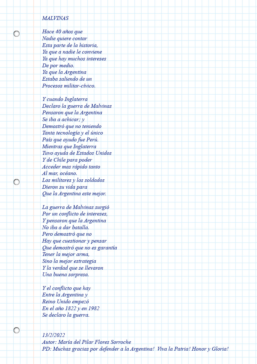 Poesía escrita por María del Pilar Flores Sorroche titulada: Malvinas