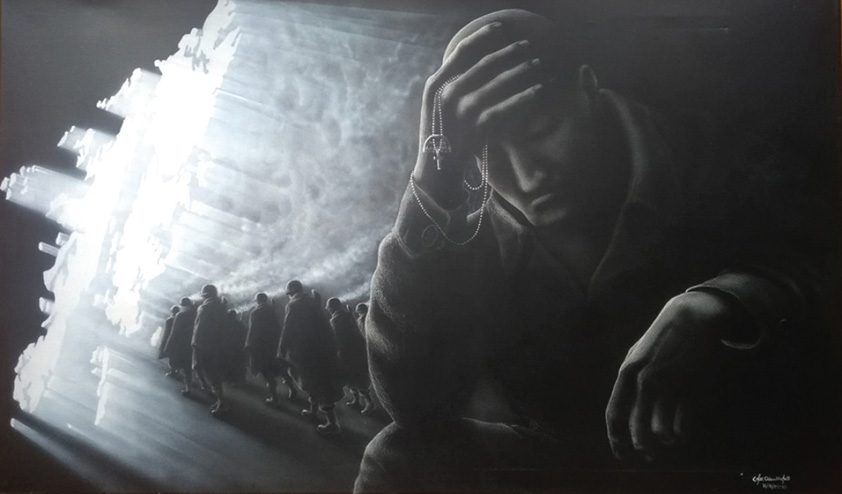 L30 años: En la fotografía de la pintura se muestra a un soldado llorando al recordar a sus camaradas caídos en la guerra.