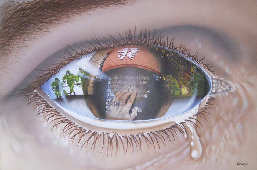 Homenaje al camarada: La fotografía de la pintura muestra un ojo llorando reflejando el dolor de los sobrevivientes de la Guerra.